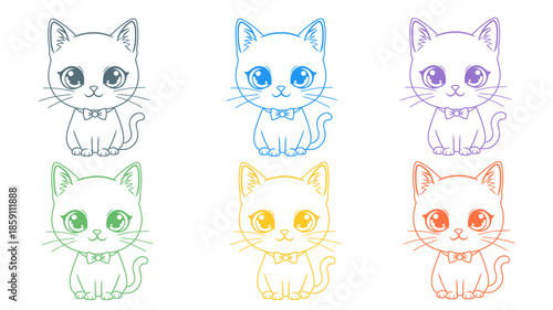 Colorful Outline Illustration of Cartoon Cat with Bow Tie Icon Set