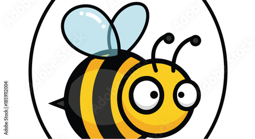 Cartoon Bee with Big Eyes and Black Stripes in Circle.