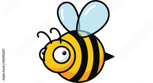 Cartoon bee with big eyes and wings flying in the air looking happy.