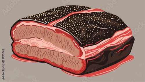 Flat vector illustration of marbled beef brisket grated with black pepper