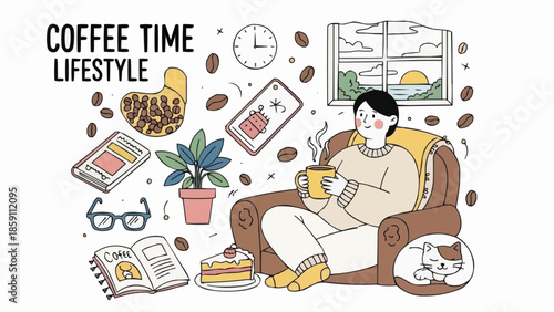 Cozy Coffee Break Lifestyle Illustration.
