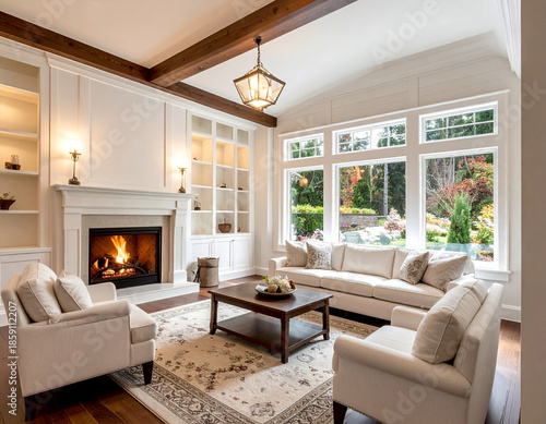 wood white craftsman house, home, ranch, cozy,  country, transitional decor, fireplace, mantel, flames, pictures, ceiling, floor, hardwood, rug, windows, sofa, couch, chairs, table, lights, room