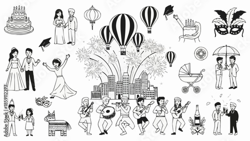 Collection of Hand Drawn Celebration and Event Icons.