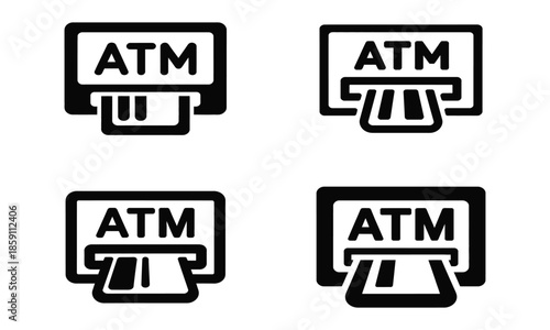 ATM machine icons set representing cash withdrawal and banking services

