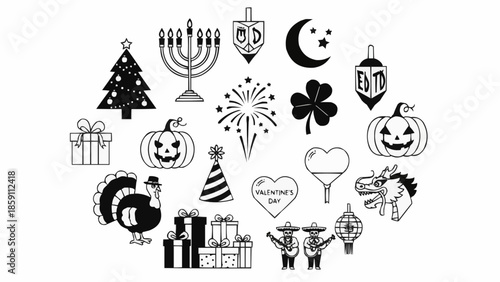 Collection of Holiday and Celebration Icons in Black and White.