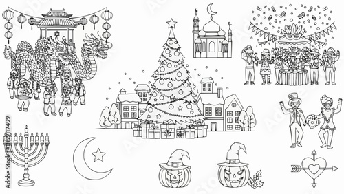 Collection of Holiday and Festival Illustrations in Black and White.