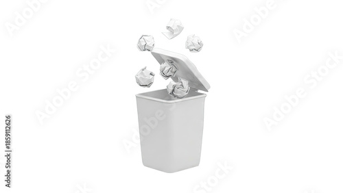 Crumpled paper balls being thrown into a white trash can with lid open