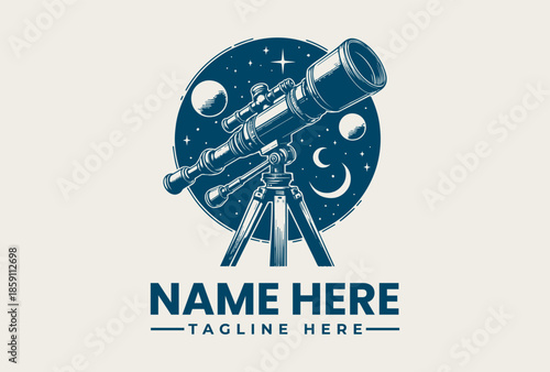 A logo design featuring a telescope on a tripod against a starry night sky with planets and moons, with a placeholder for a company name and tagline in a modern, illustrative style.