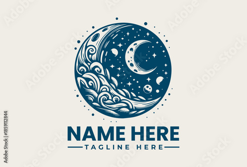A blue vector logo illustration featuring a stylized moon and waves on a white background with space for a custom name and tagline.