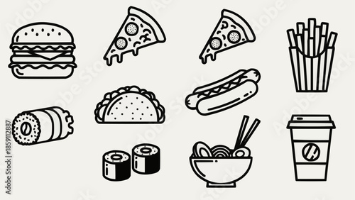 Collection of popular fast food icons in a simple line art style.
