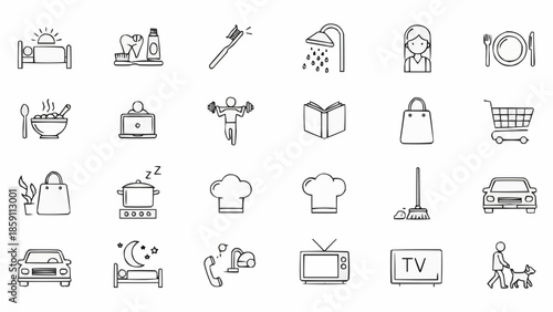 Collection of Simple Line Icons Representing Daily Life Activities.
