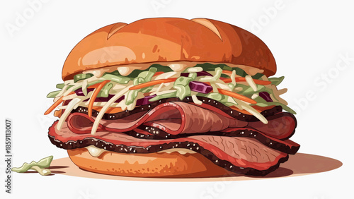Flat vector illustration of a delicious sandwich with several layers of ham and cabbage salad