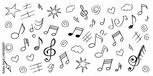 A playful collection of hand drawn musical notes symbols and decorative elements