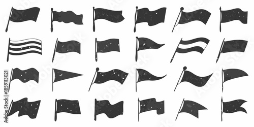 A collection of various black and white flag designs in different shapes