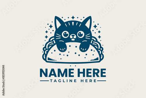A whimsical illustration of a cat peeking from behind text space for 'NAME HERE' and 'TAGLINE HERE' with a starry background, in a vector logo design.