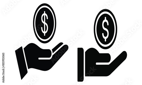 Hand holding dollar symbol icons representing payment, income and financial support
