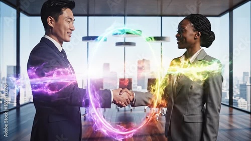 Business professionals shaking hands in modern office