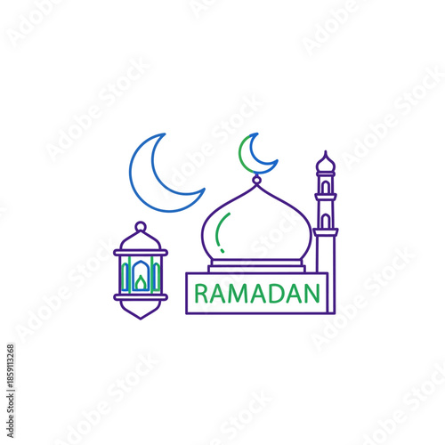 Ramadan celebration icon: mosque, crescent moon, and lantern. Islamic holiday greeting.