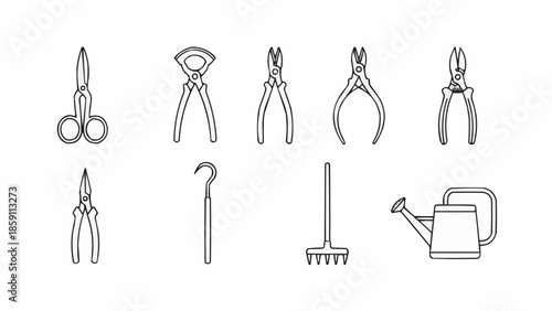 Collection of Various Garden and Craft Tools Outline Icons.