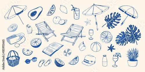 A collection of summer themed illustrations including beach items and tropical fruit