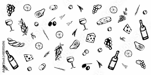 A charming black and white doodle pattern of food drink and playful objects