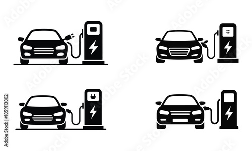 Electric car charging icons with battery and power station for EV energy concept
