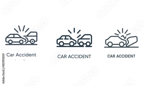 Car accident line icons showing vehicle collision and road incident warning concept
