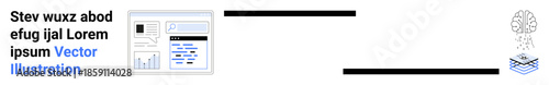 Data analysis, artificial intelligence, tech interfaces, knowledge processing, digital diagrams, innovation. A graphical interface with data and an abstract brain emerging from a book. Data analysis