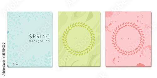 Three pastel colored backgrounds with floral designs and spring themed text