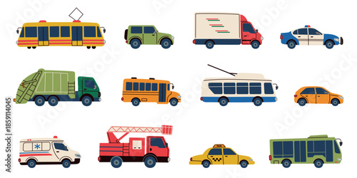 Bright cartoon doodle set of city transport for kids. Cute cars, taxi, tram, bus, trolleybus, ambulance, fire truck, police car, delivery van and garbage truck collection in a playful childlike style