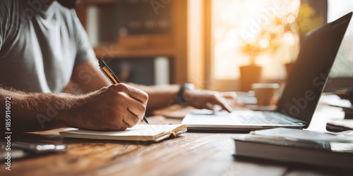 Person working at a wooden desk with a laptop, hand writing notes in a notebook with a pen, modern minimalist home office, warm natural lighting, cozy and productive atmosphere, shallow depth of field