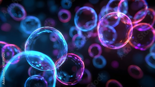 Vibrant Bubbles Floating in a Dark Space with Colorful Illumination.