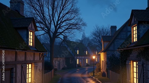 Evening street scene with illuminated windows and cobblestone road.