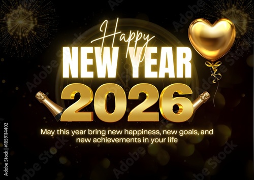 Happy New Year 2026 Celebration Background with Golden Text, Champagne Bottles and Heart Balloon. Ai Generated