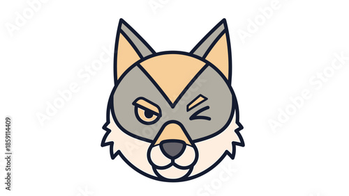 Cartoon wolf head with a winking eye and a stern expression, looking directly at the viewer.