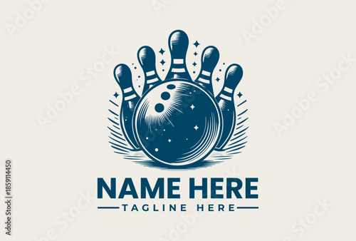 A blue bowling logo illustration featuring a ball and pins with placeholder text on a beige background, designed as a customizable icon or vector graphic.