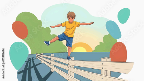 Flat vector illustration of a boy balancing on a wooden fence against a colorful sunset