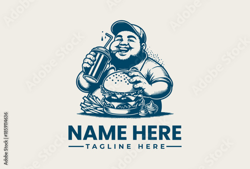 A blue-toned illustration of a man holding a beer mug and a burger on a plate with a customizable name and tagline text area in a casual, template style against a clean white background.