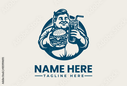 A blue vector illustration of a man holding a hamburger and drink, with space for a logo and tagline in a circular composition.
