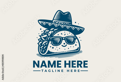 A blue vector illustration of a taco wearing a sombrero and sunglasses with a placeholder text for a logo or brand name on a clean white background.