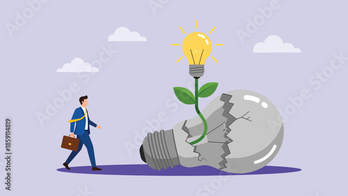 Businessman walking past a glowing new idea light bulb growing from a broken one symbolizing innovation.