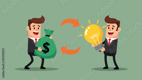 Businessmen exchanging money bag for glowing idea light bulb illustrating value exchange and innovation investment.