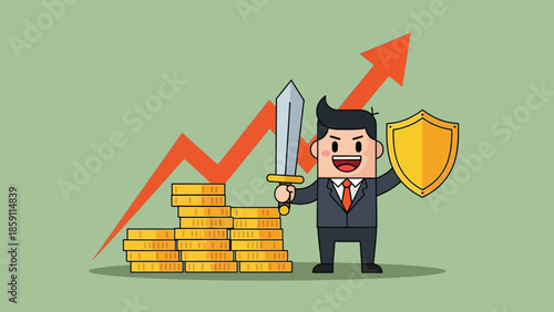 Businessman with sword and shield protecting growing stack of coins and upward trend graph.