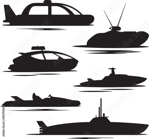 Collection of futuristic watercraft and submarine silhouettes isolated