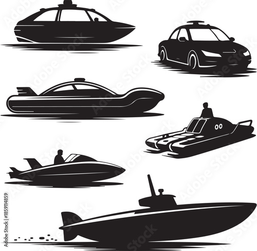 Collection of futuristic vehicles and watercrafts isolated illustration