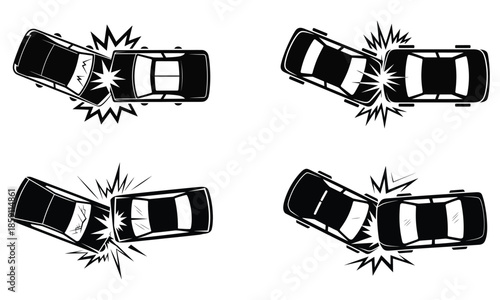 Car Accident Collision Icons Top View Vehicle Crash Symbols
