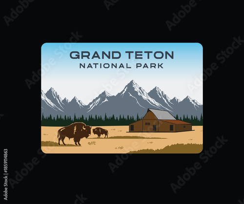 Grand Teton National Park Illustration Design on Black Background suitable for Game, Sport or Club Logo, National Park , Template design 02