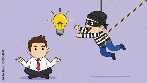 Cartoon businessmans idea stolen by masked thief rappelling down.