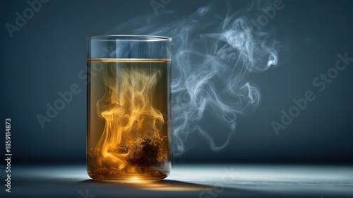 Minimalist product-style photograph of tea steeping in cylindrical glass vessel, liquid gradient clearly. Steam trails drift upward with motion