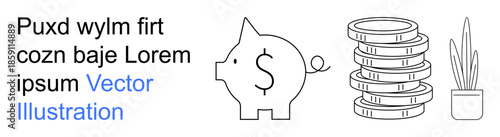 Savings, budgeting, financial growth, investment, money management, economic planning. Black-and-white piggy bank, stacked coins and a plant. Savings and budgeting concept